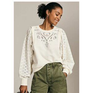 Pilcro Large 'Washed' Eyelet Sweatshirt Top, Ivory White, Balloon Sleeve, Cotton